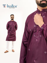 Wine Color Elegant Silk Embroidered Kurta For Men