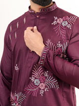 Aubergine Silk Embroidery Designer Kurta For Men