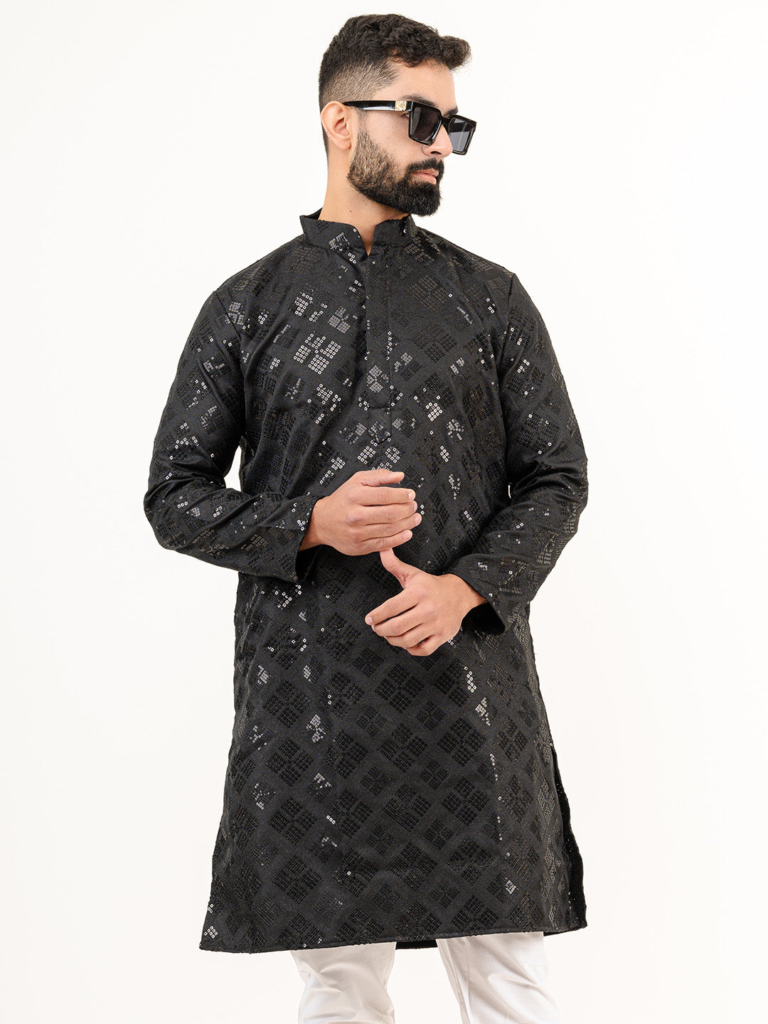 Black Embroidered Cotton Men's Kurta