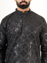 Black Embroidered Cotton Men's Kurta