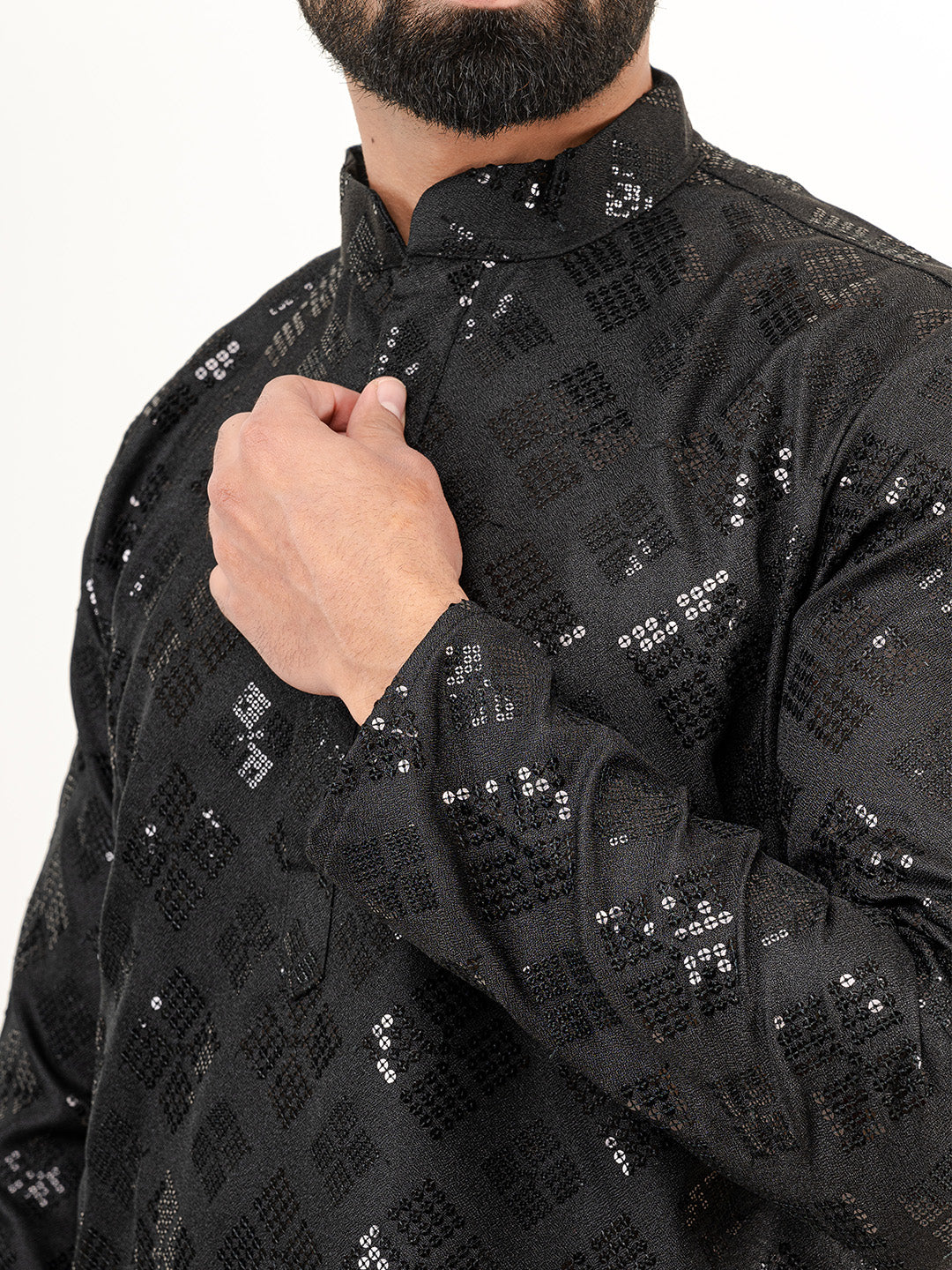 Black Embroidered Cotton Men's Kurta