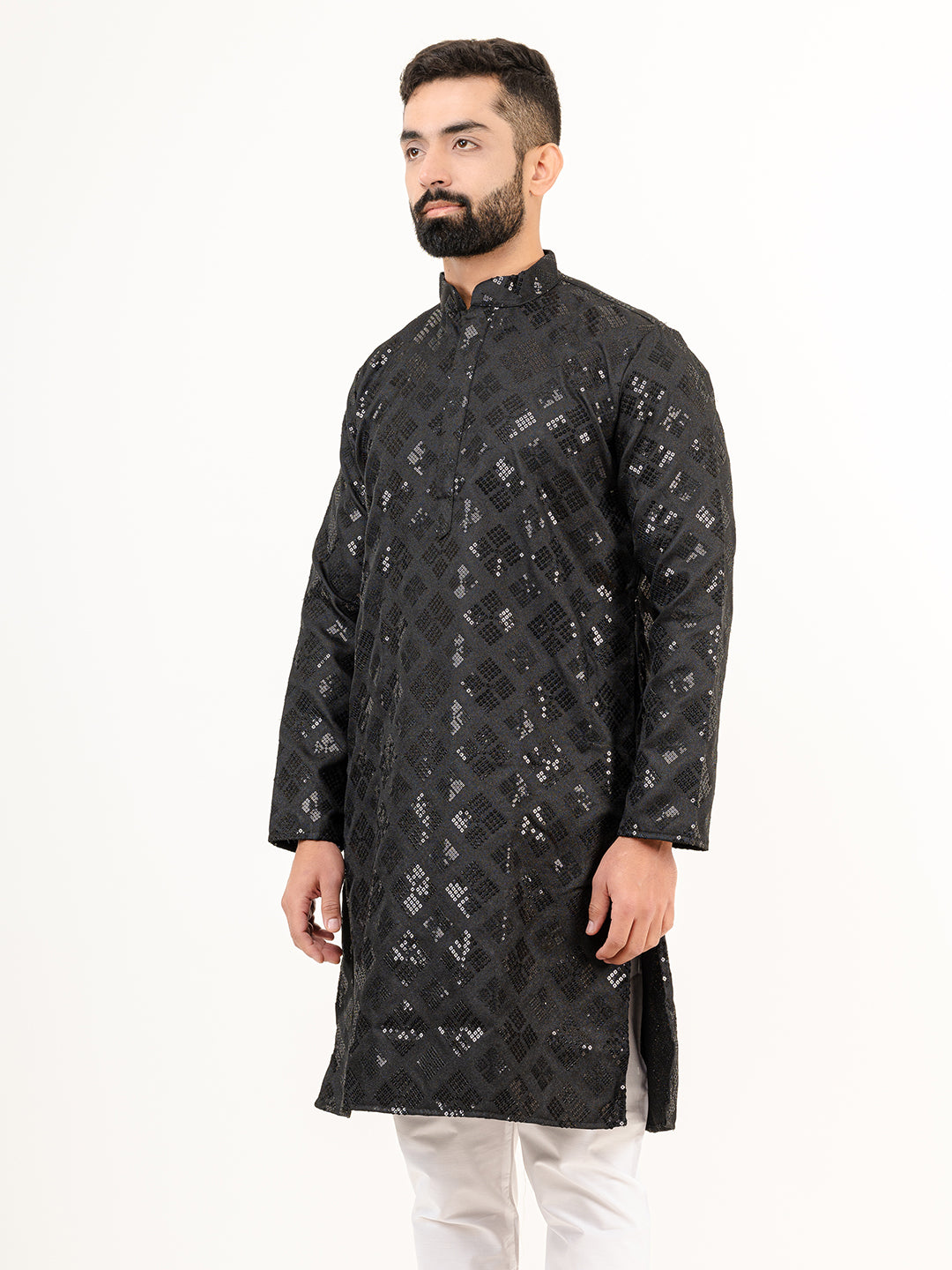 Black Embroidered Cotton Men's Kurta