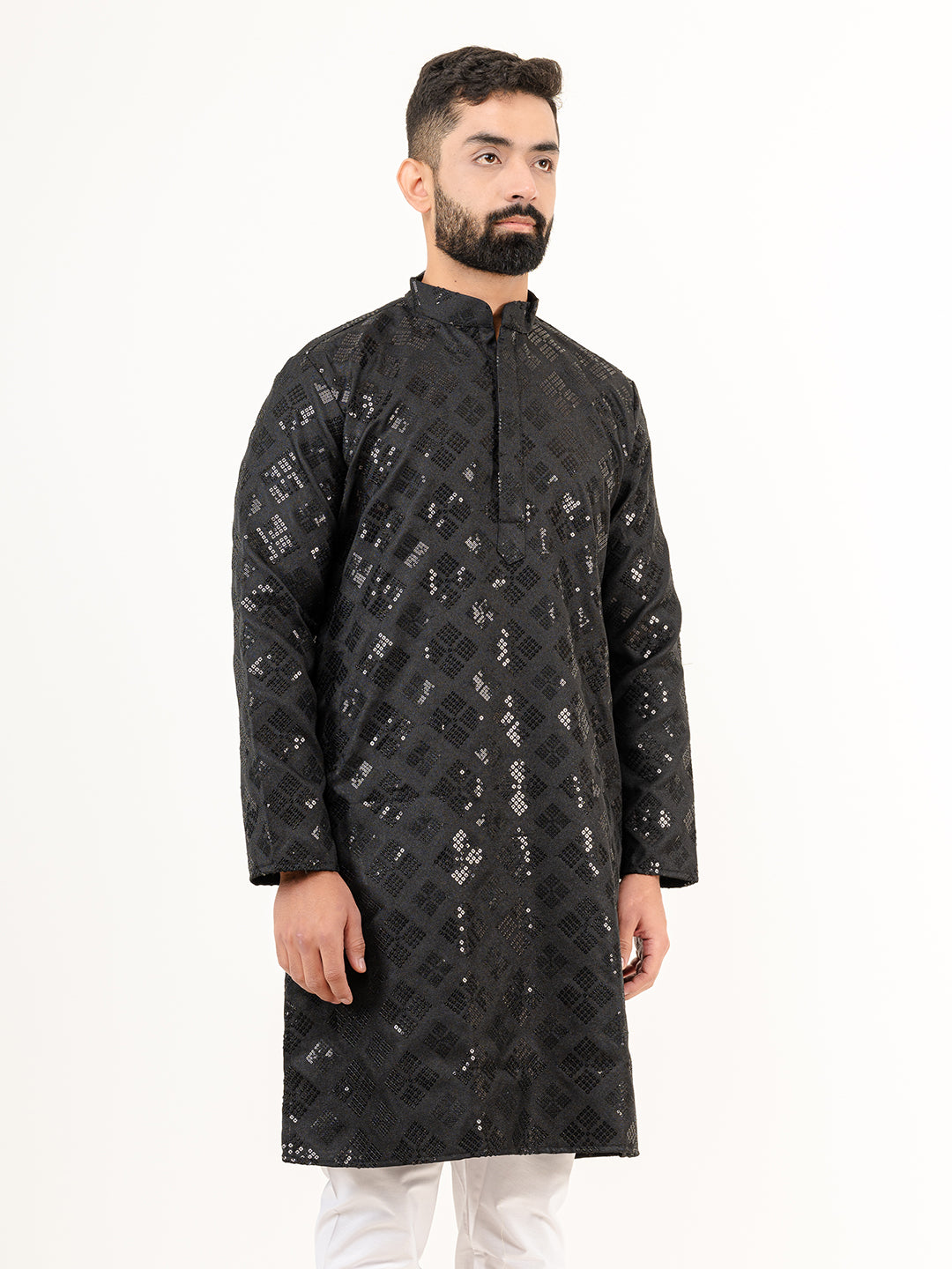 Black Embroidered Cotton Men's Kurta