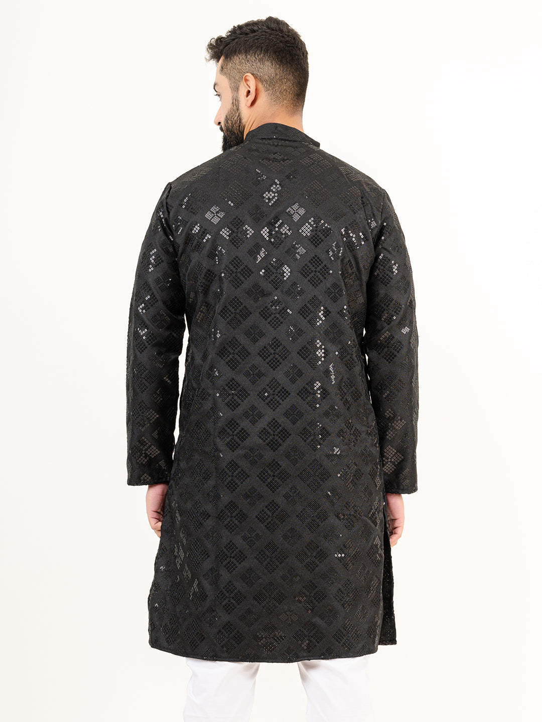 Black Embroidered Cotton Men's Kurta