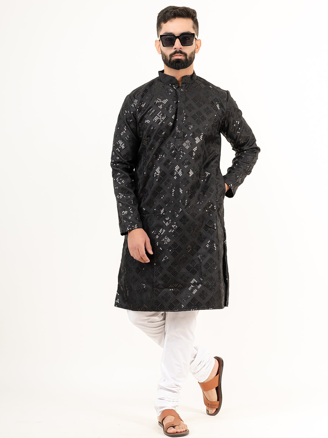 Black Embroidered Cotton Men's Kurta