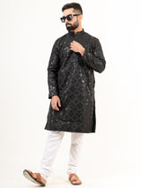 Black Embroidered Cotton Men's Kurta