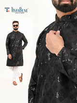 Black Embroidered Cotton Men's Kurta