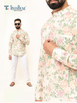 Off White Full Sleeve Sanganer Printed Short Kurta For Men