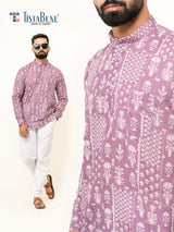 Opera Mauve Full Sleeve Sanganeri Printed Short Kurta For Men