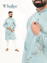 Cadet Blue Floral Silk Embroidered Kurta