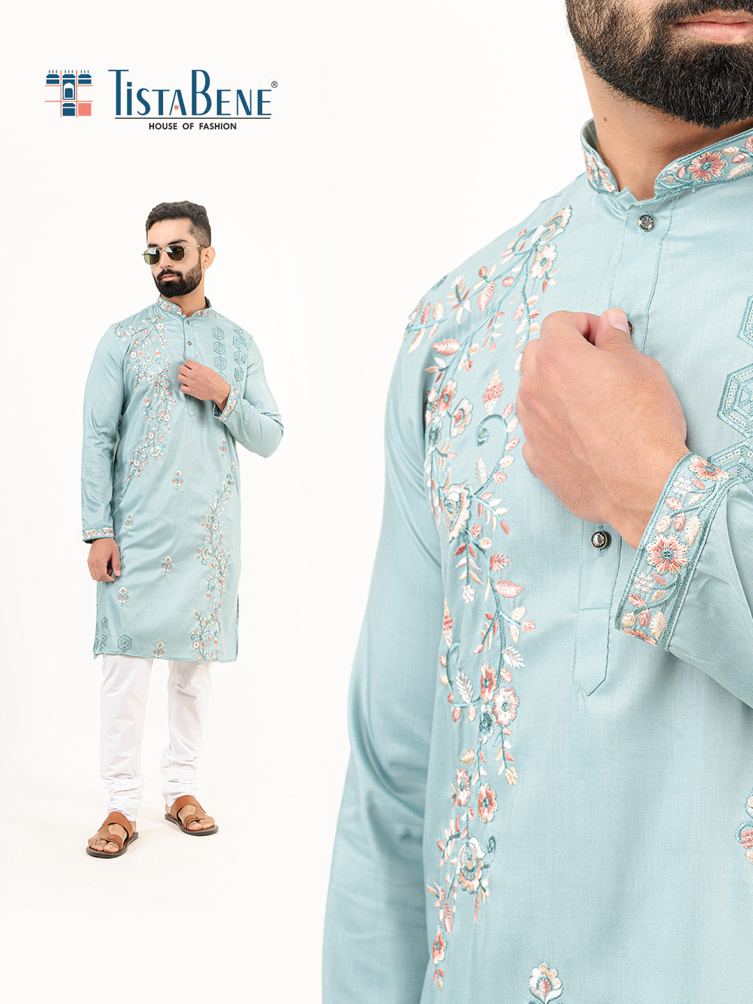 Cadet Blue Wild Floral Silk Embroidered Kurta for Men