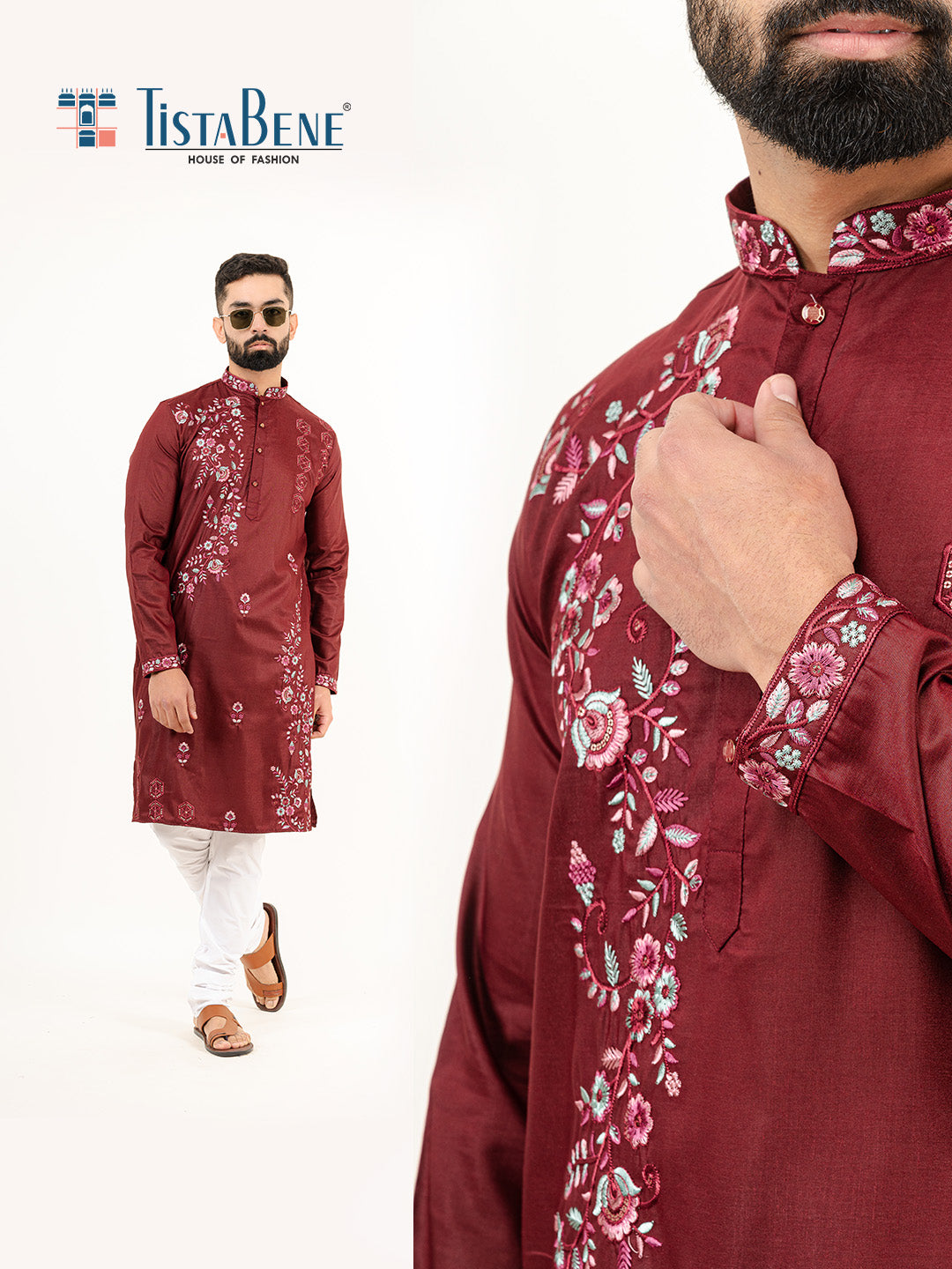 Crimson Red Wild Floral Silk Embroidered Kurta for Men