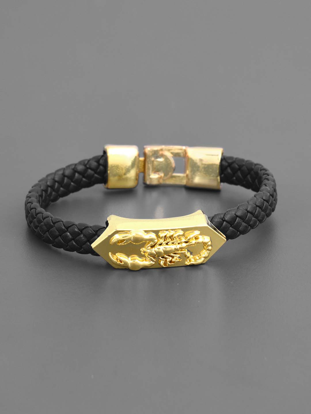 Golden Scorpio Design Black Band Mens Bracelet