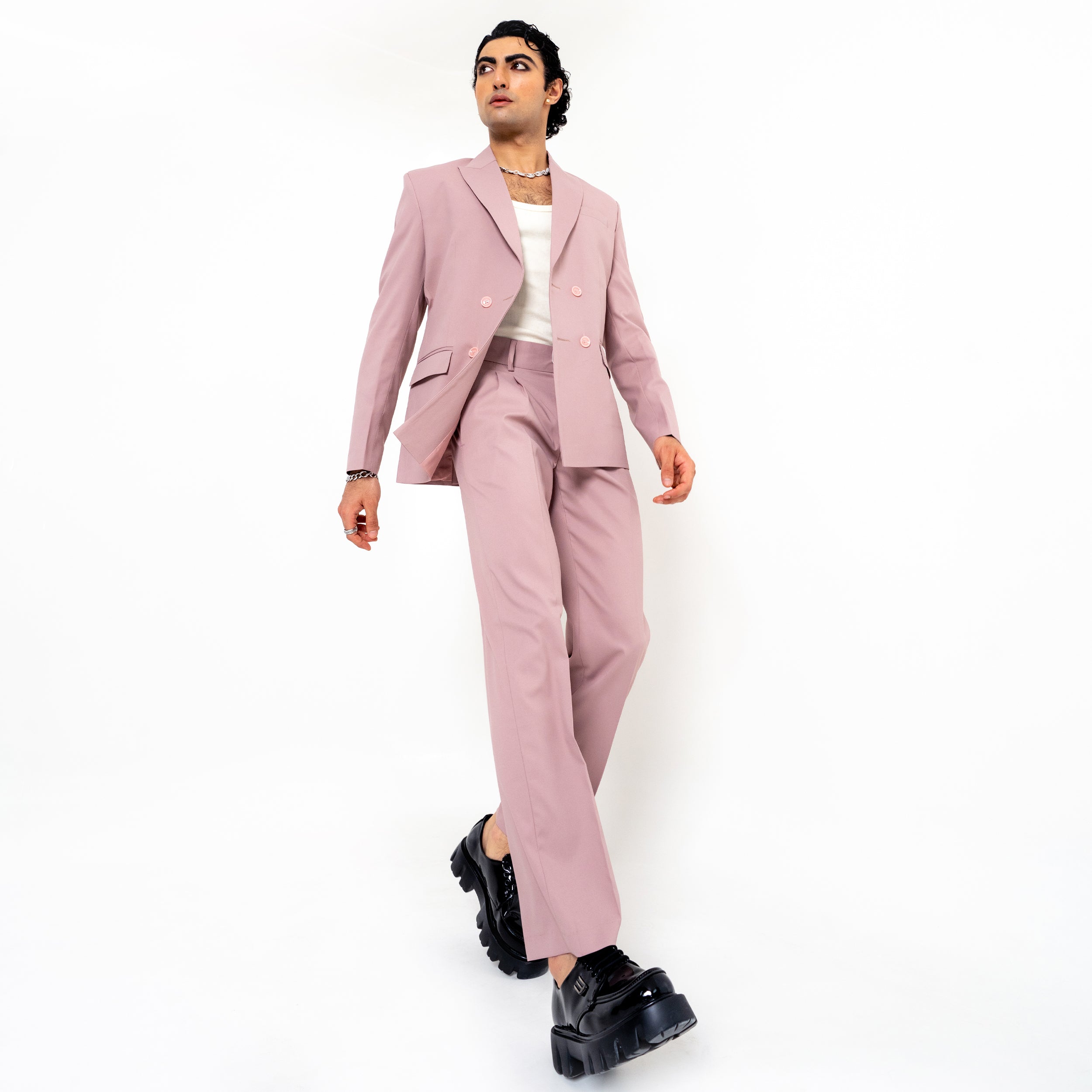 Salmon Pink Double Button Loose Fit Blazer