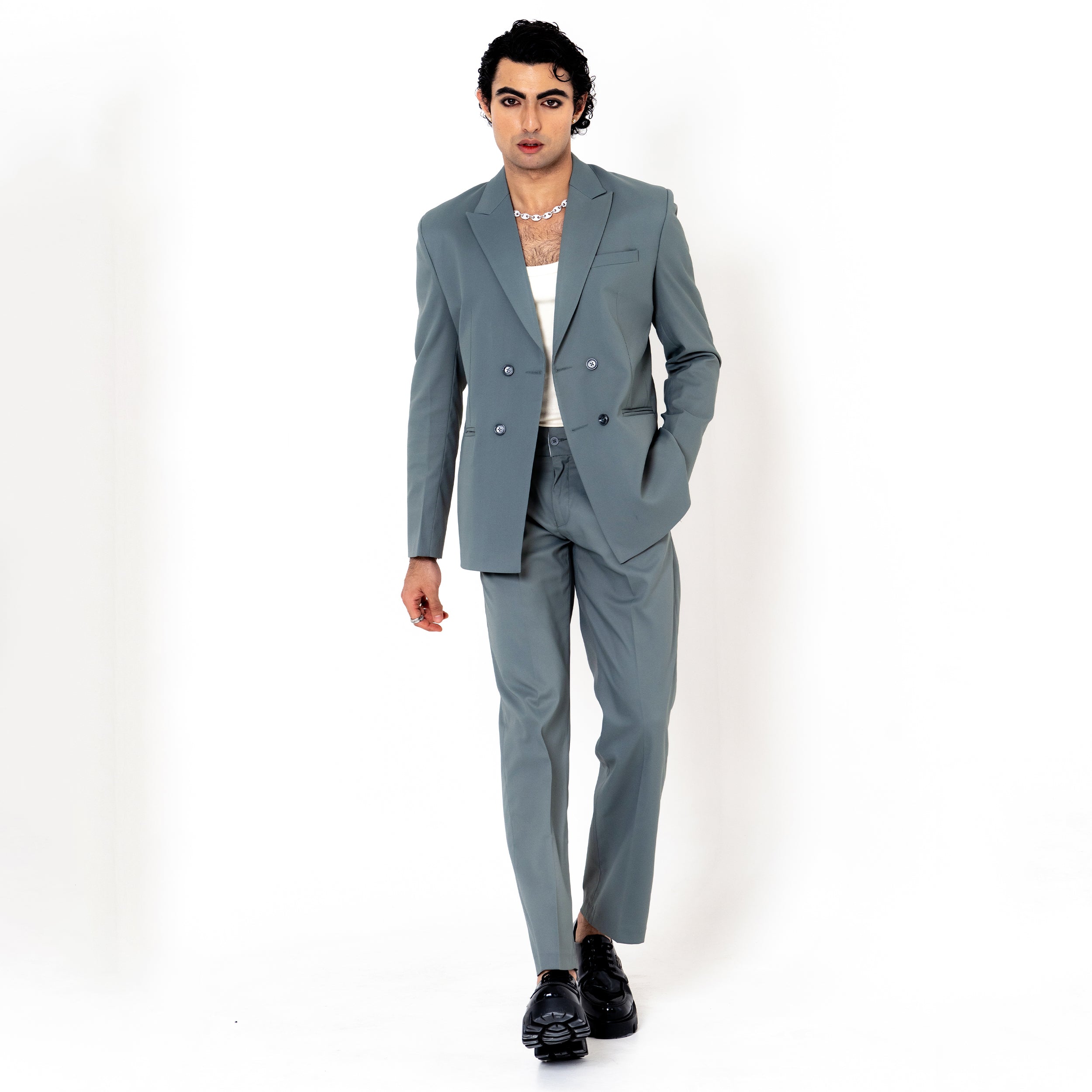 Grey Double Button Loose Fit Men's Suit