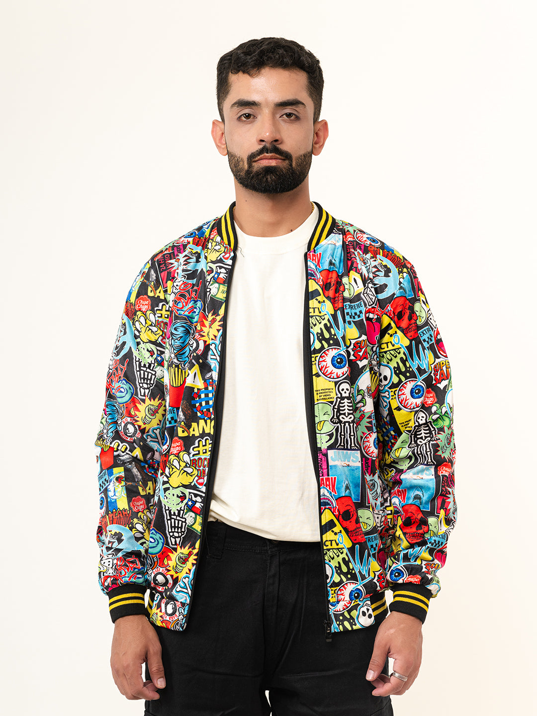 Black Quirky Printed Velvet Jacket (Unisex)