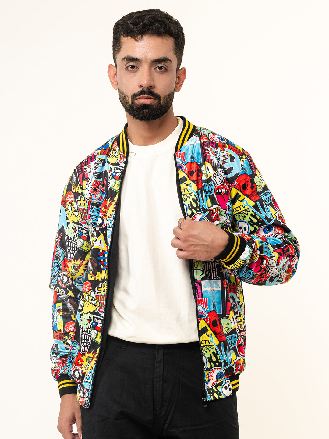 Black Quirky Printed Velvet Jacket (Unisex)