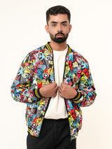 Black Quirky Printed Velvet Jacket (Unisex)