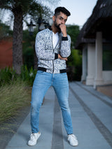 Light Grey Geometric Printed Velvet Jacket (Unisex)