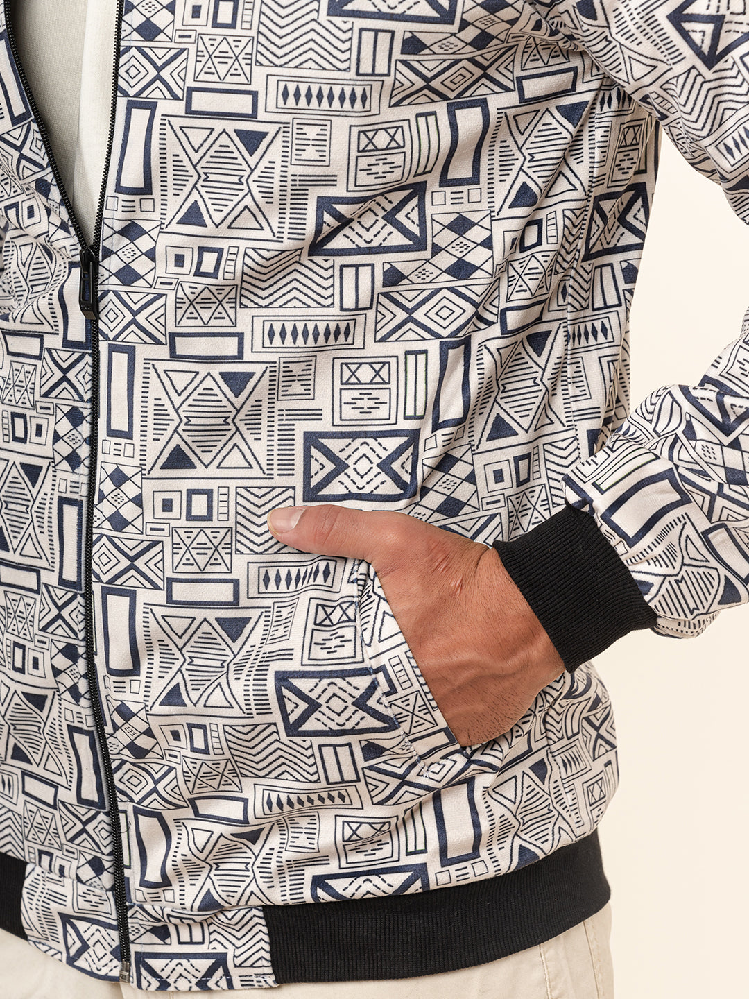 Light Grey Geometric Printed Velvet Jacket (Unisex)