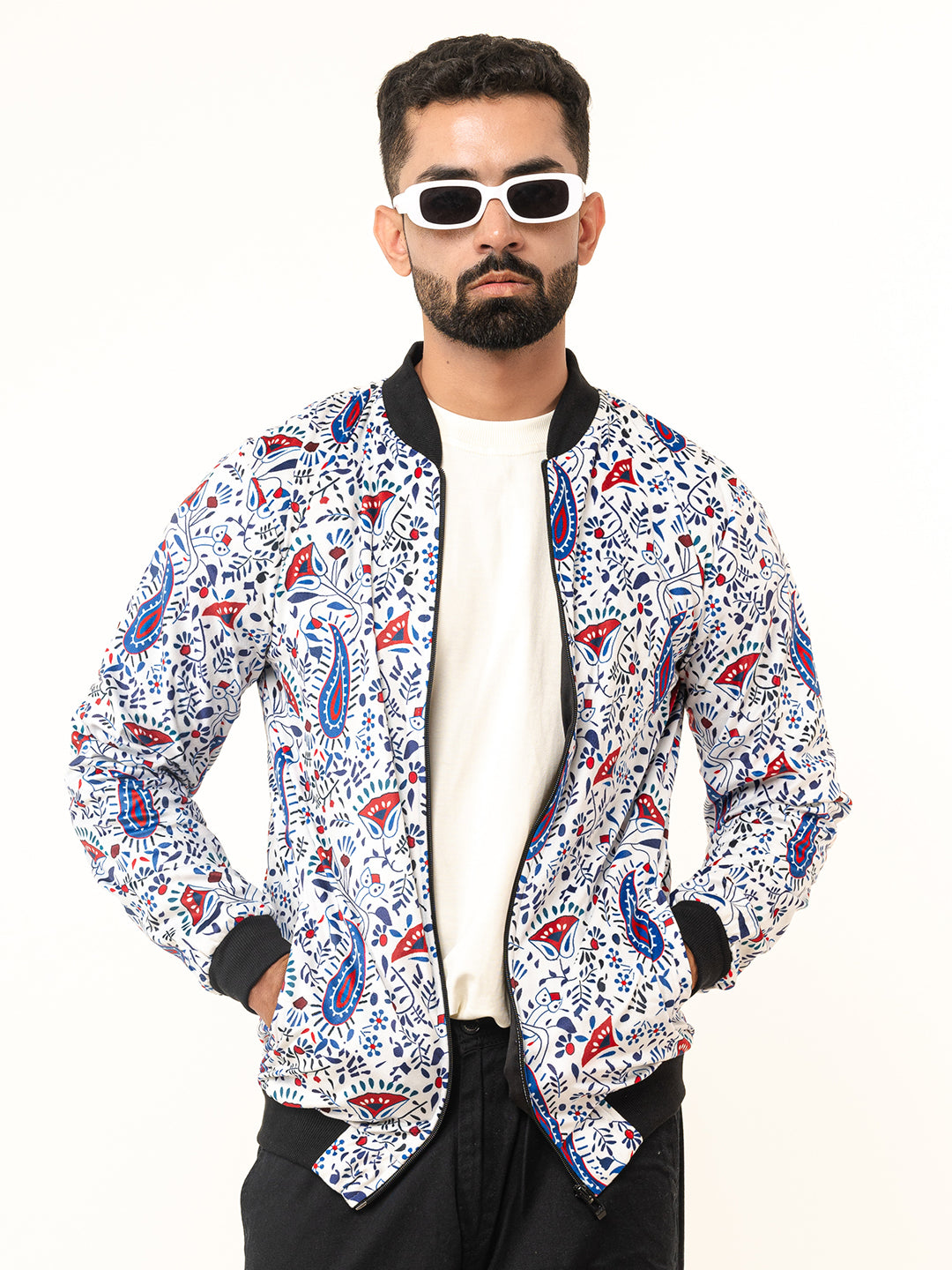 White Paisley Printed Velvet Jacket (Unisex)