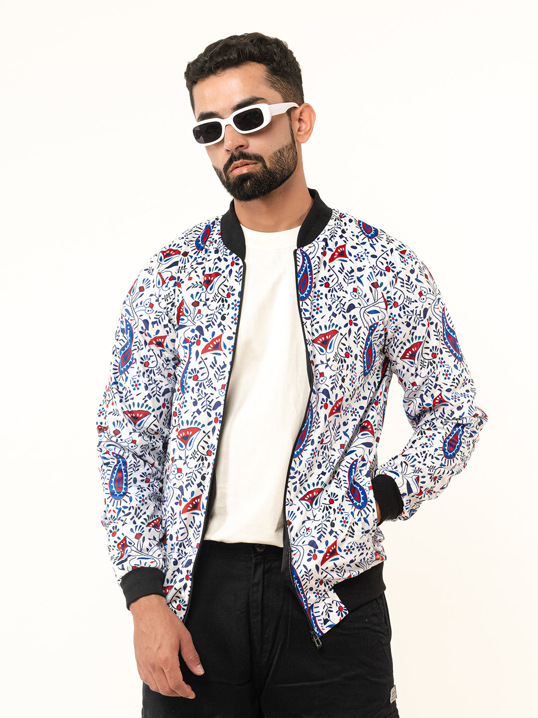 White Paisley Printed Velvet Jacket (Unisex)