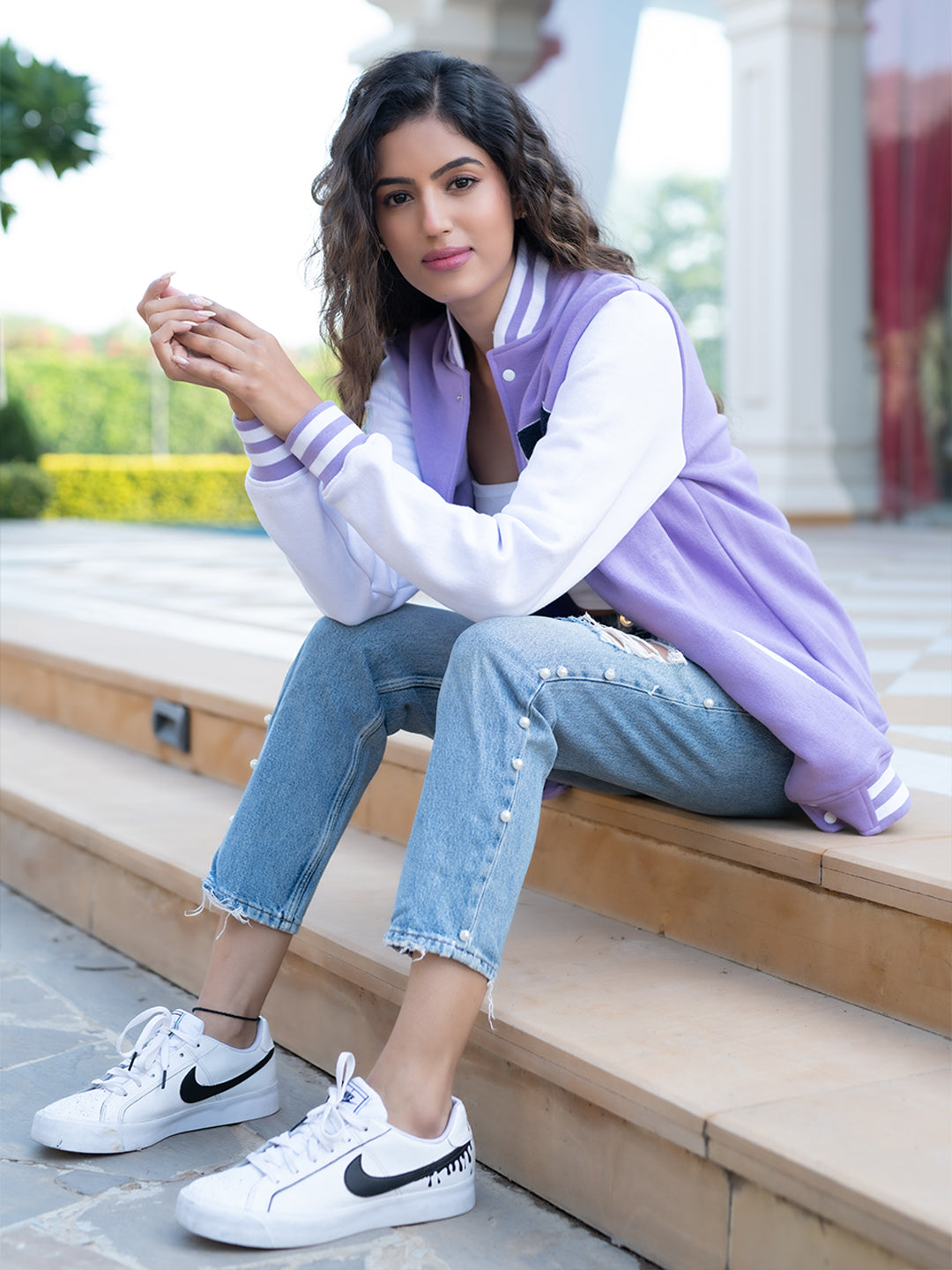 Good Vibes Lilac R Varsity Jacket (Unisex)