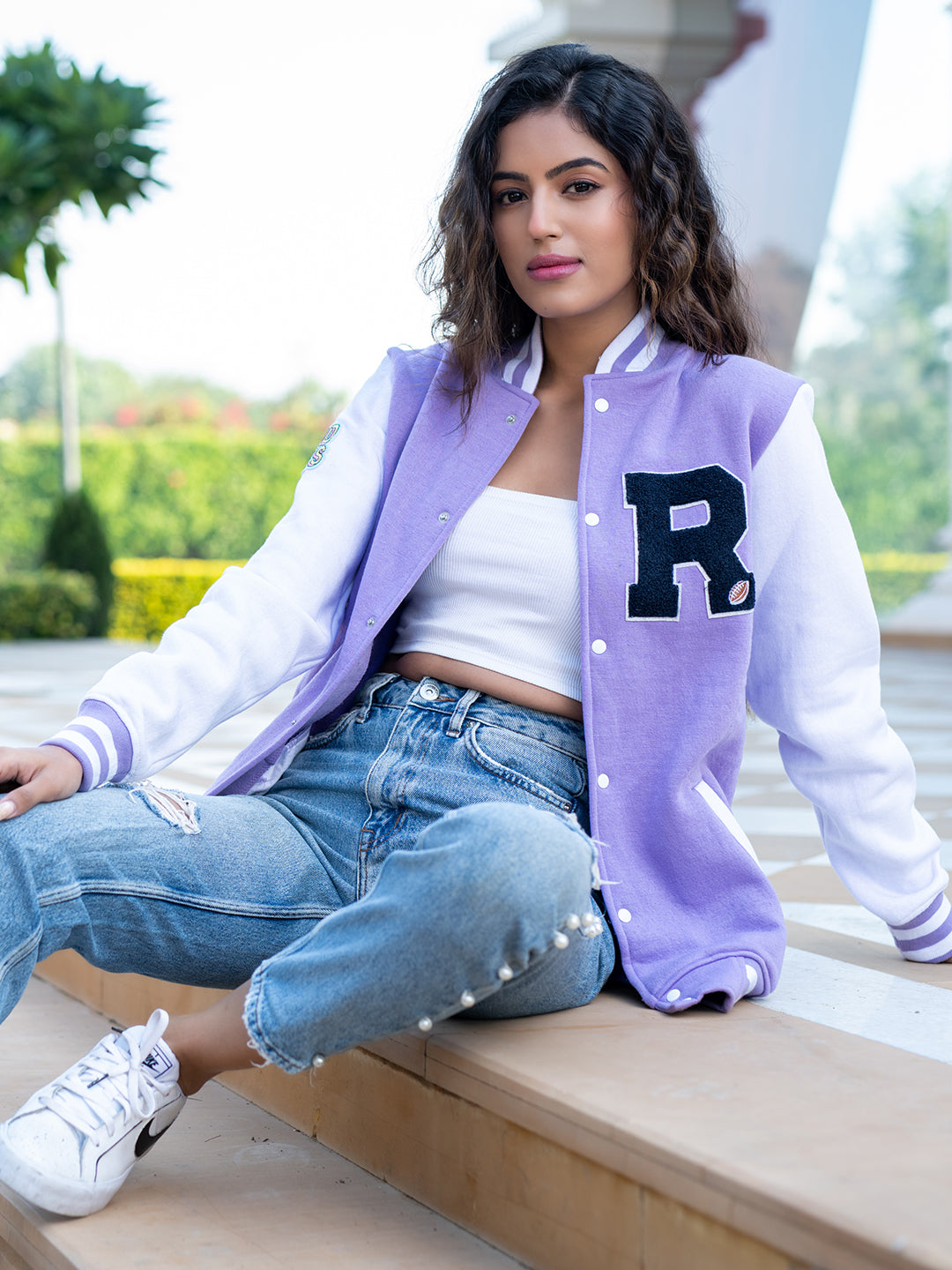 Good Vibes Lilac R Varsity Jacket (Unisex)