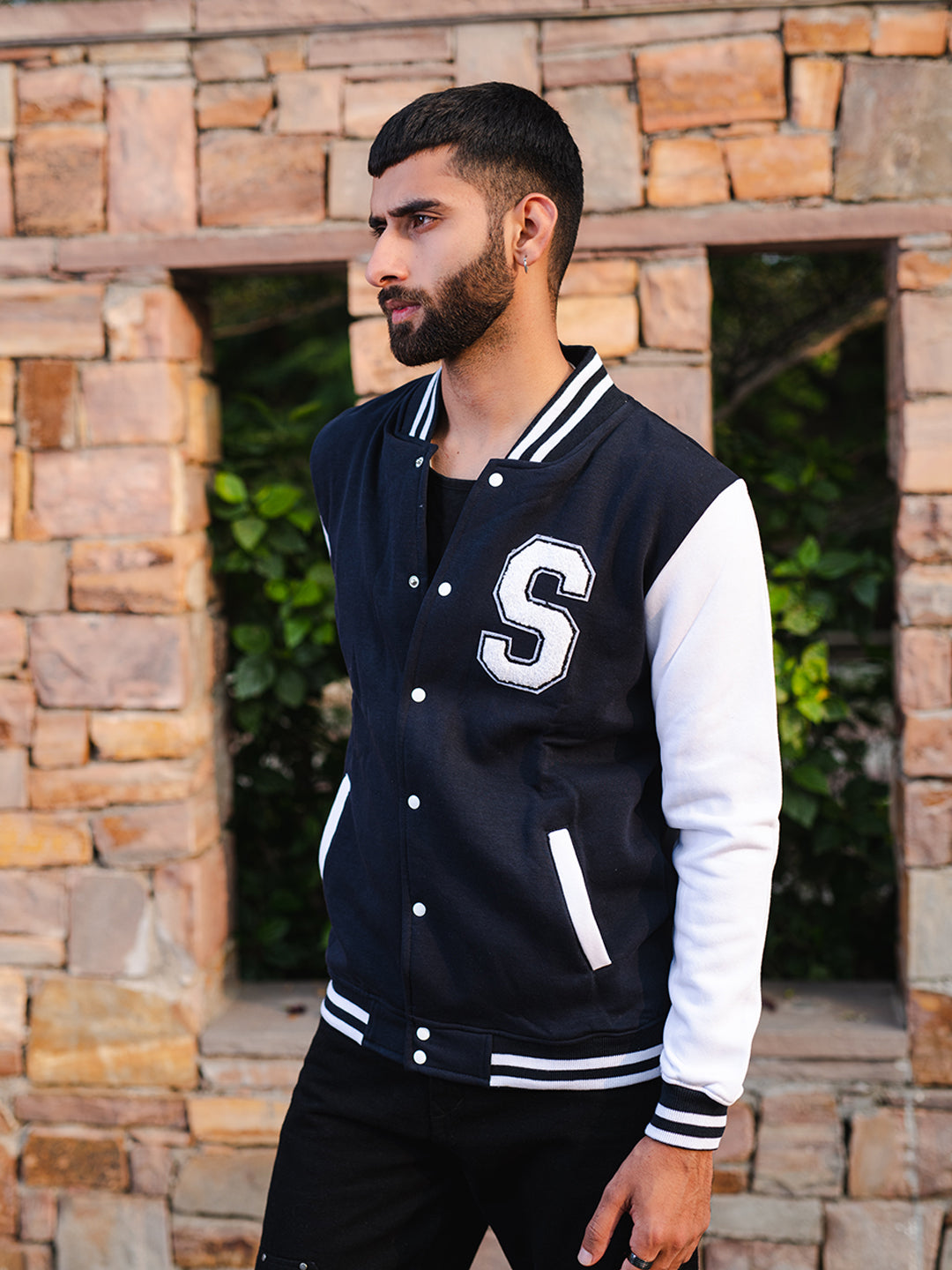 Black and best sale blue varsity jacket