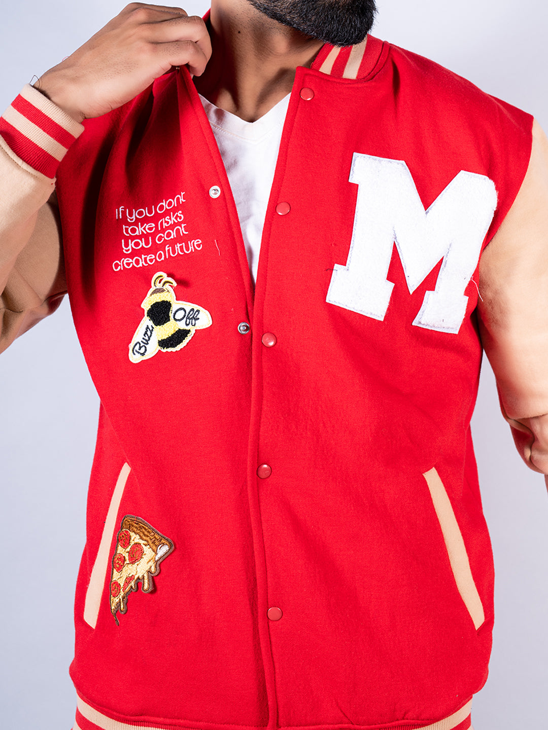 Red off white hot sale varsity jacket