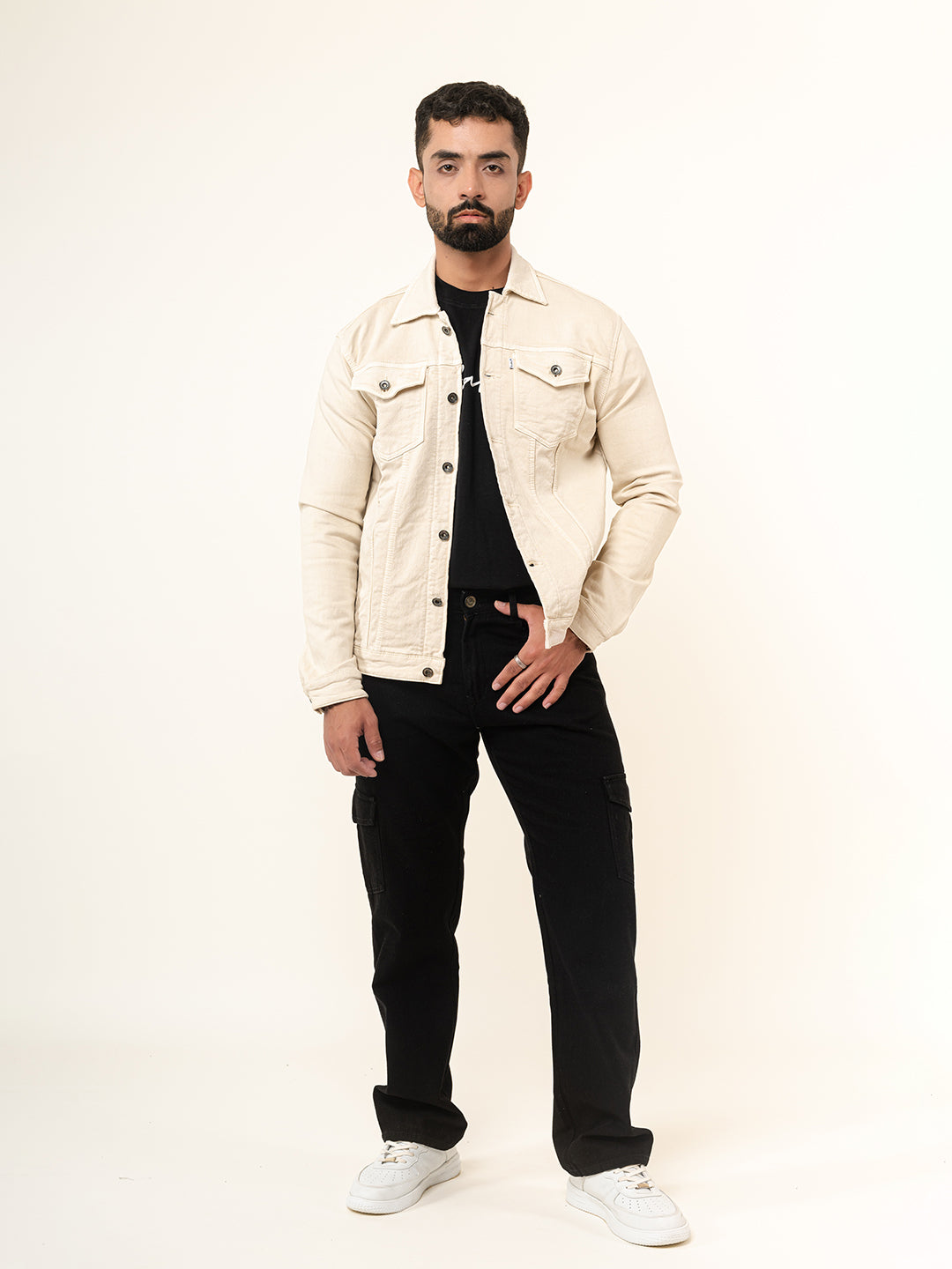 Cream Two Pockets Denim Jacket (Unisex)