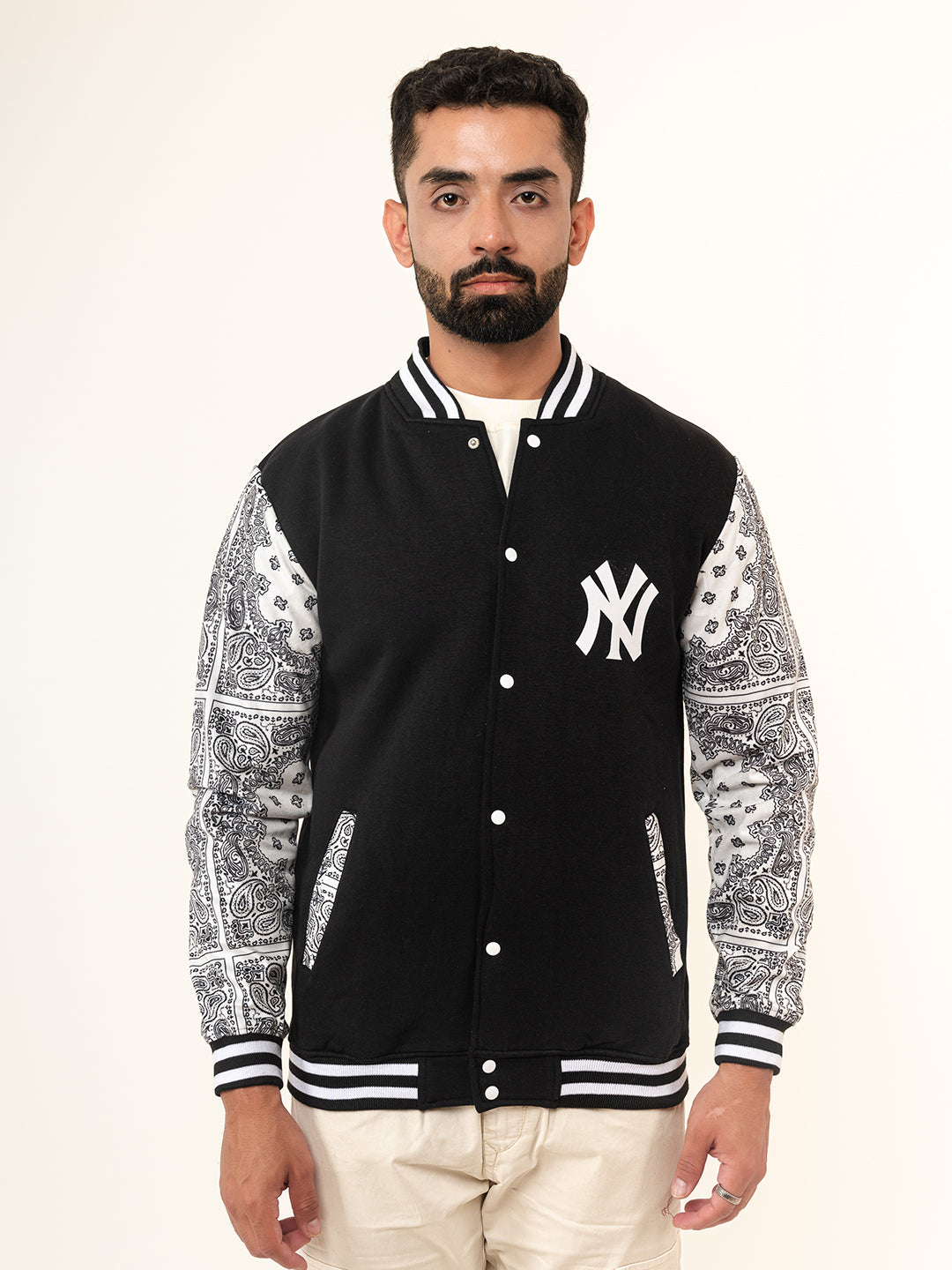 Black Paisley Bandana NY Printed Varsity Jacket