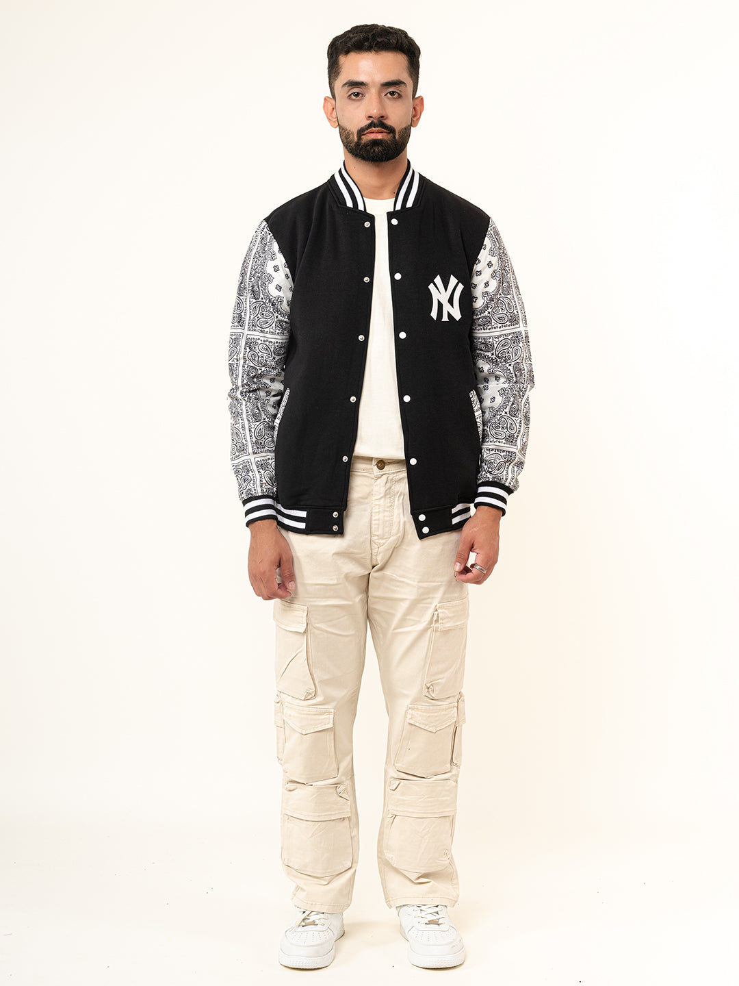 Black Paisley Bandana NY Printed Varsity Jacket