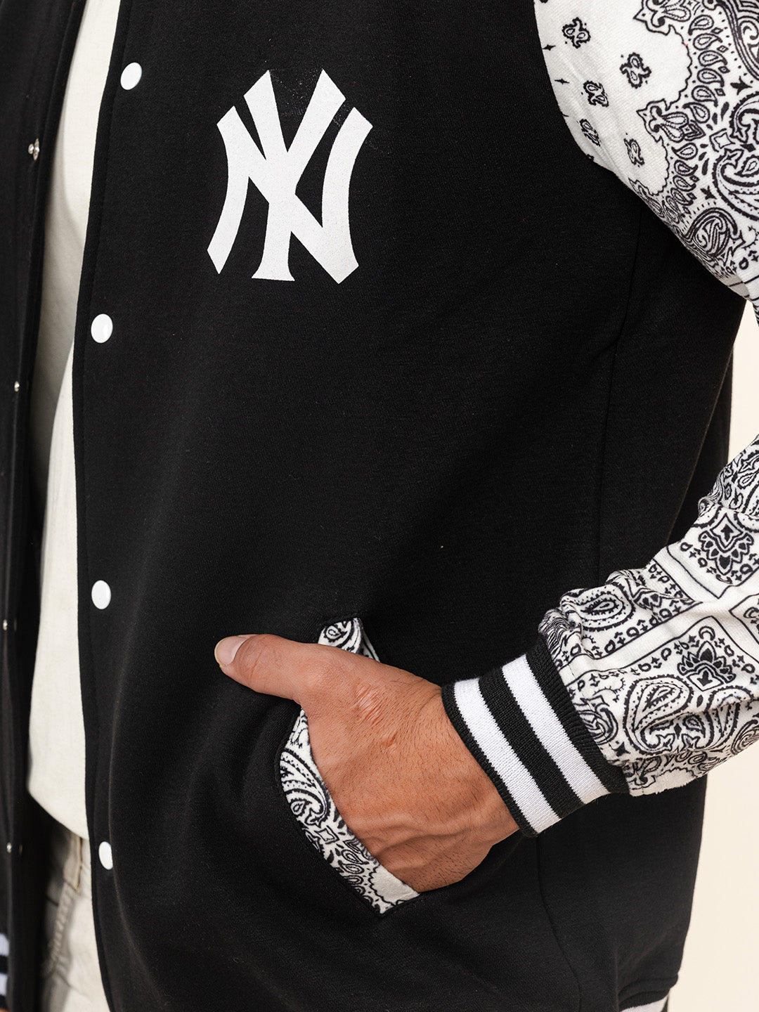 Black Paisley Bandana NY Printed Varsity Jacket