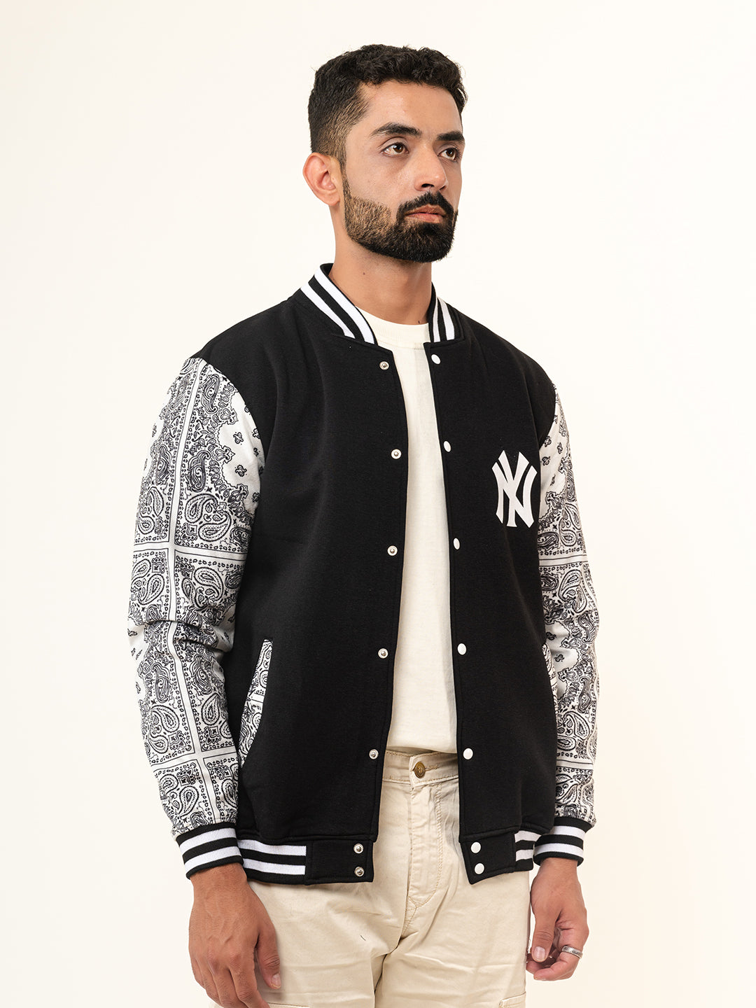 Black Paisley Bandana NY Printed Varsity Jacket