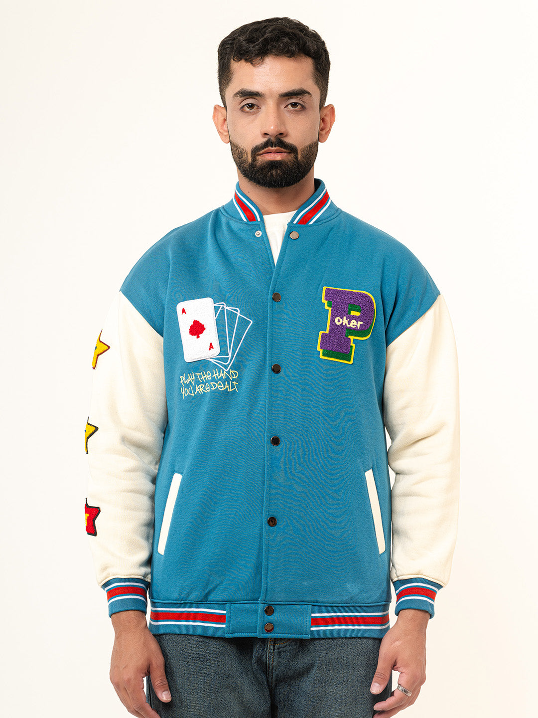 Teal Blue Poker Varsity Jacket (Unisex)