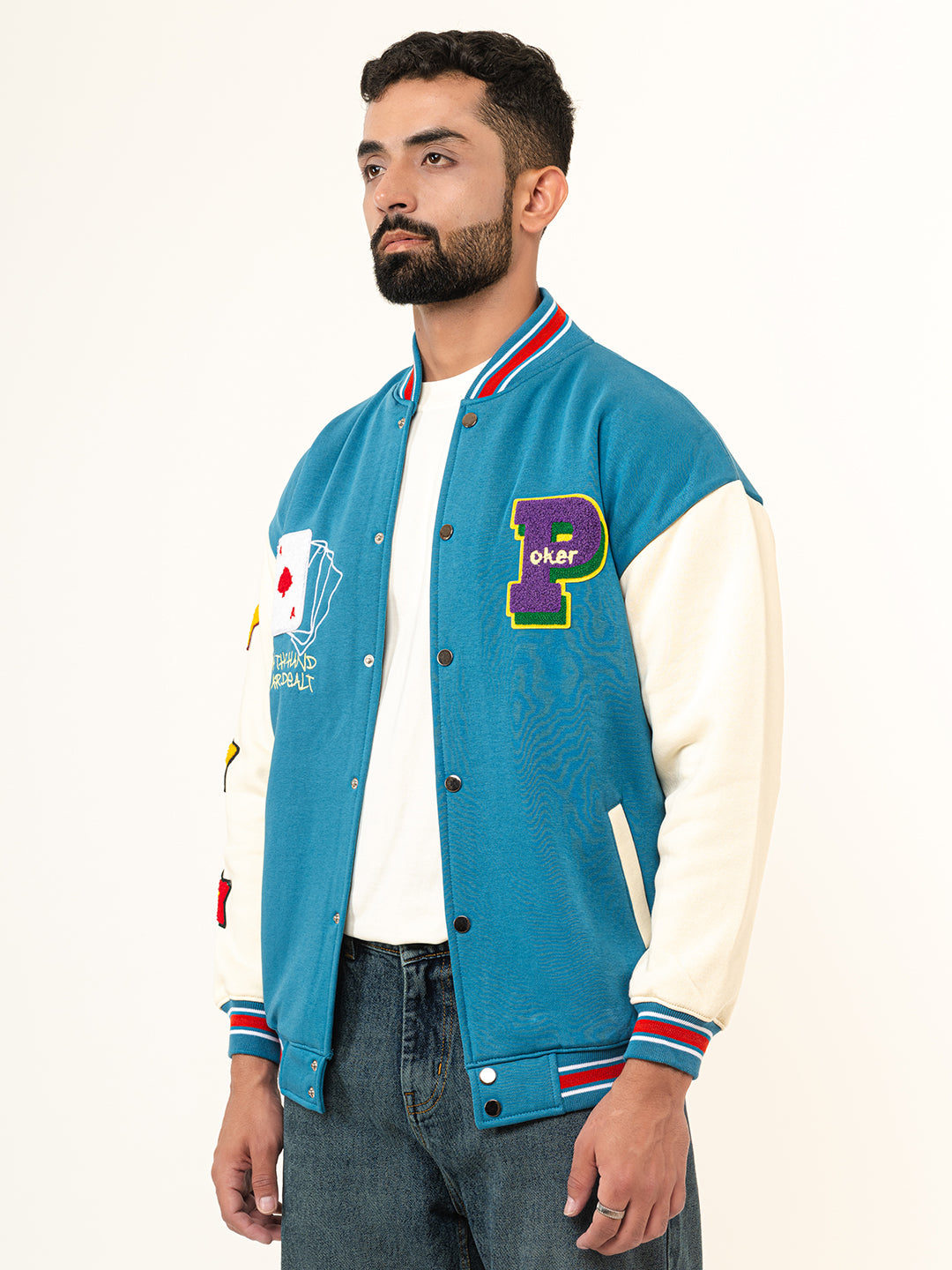 Teal Blue Poker Varsity Jacket (Unisex)