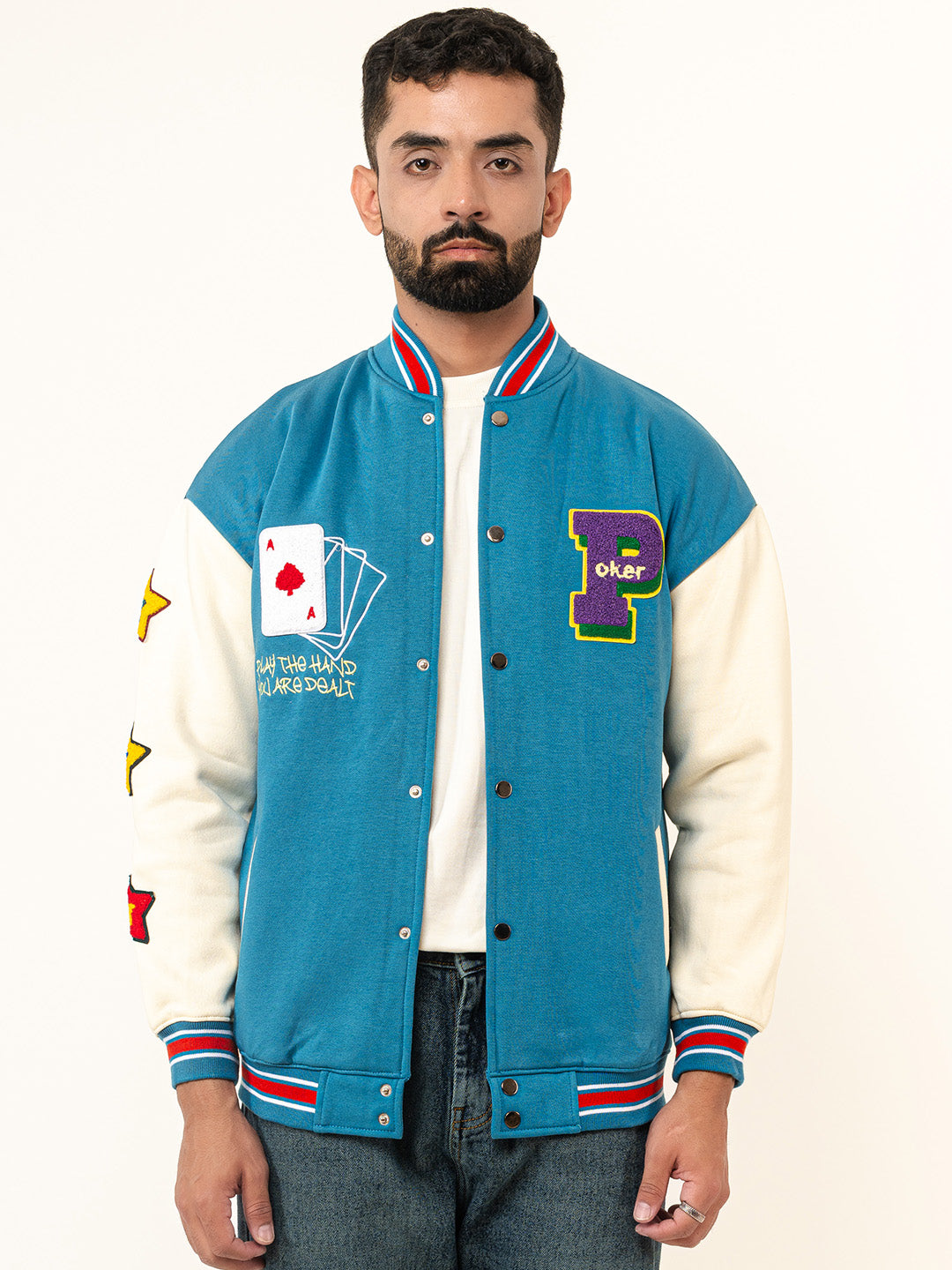 Teal Blue Poker Varsity Jacket (Unisex)