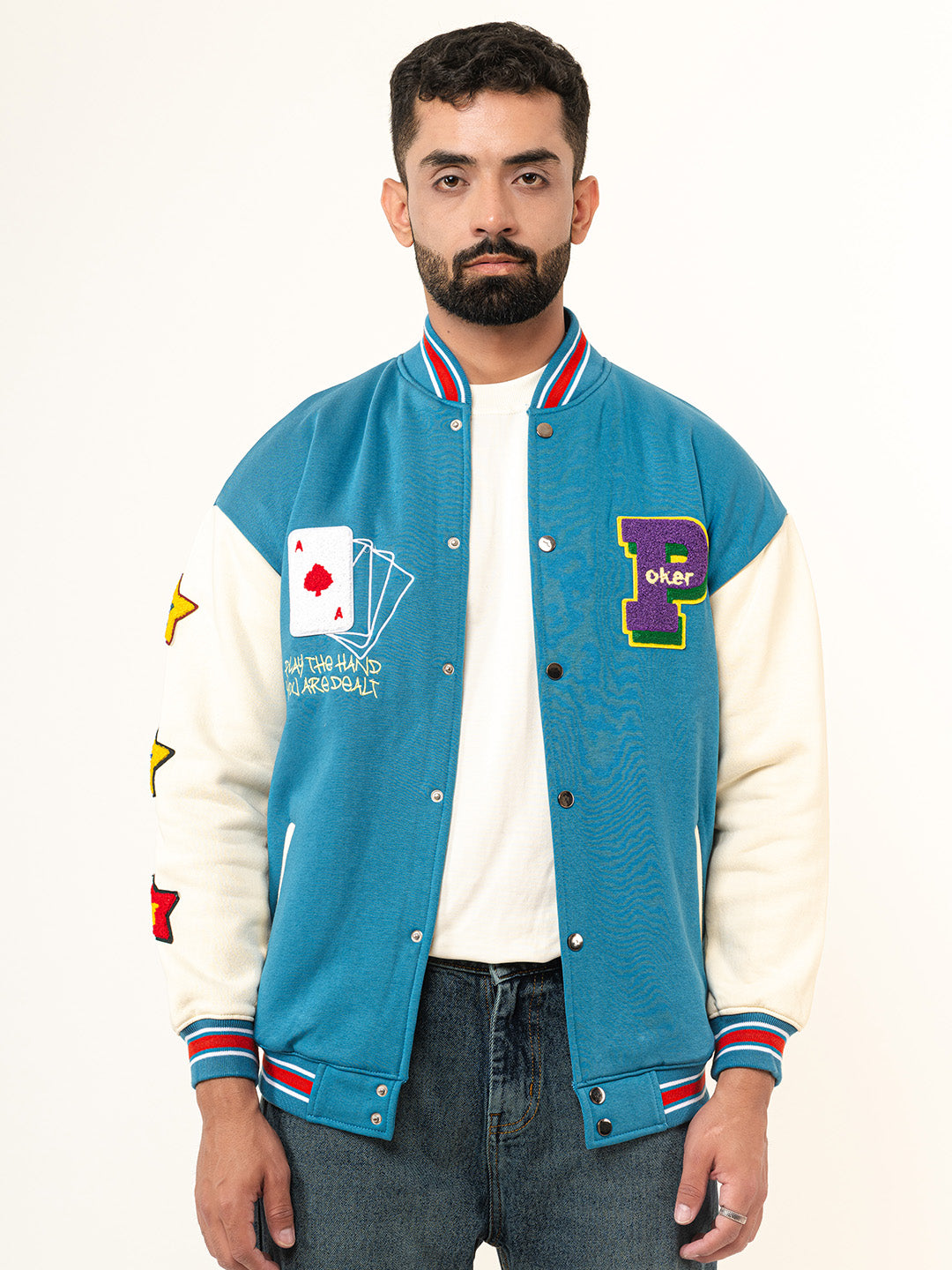 Teal Blue Poker Varsity Jacket (Unisex)