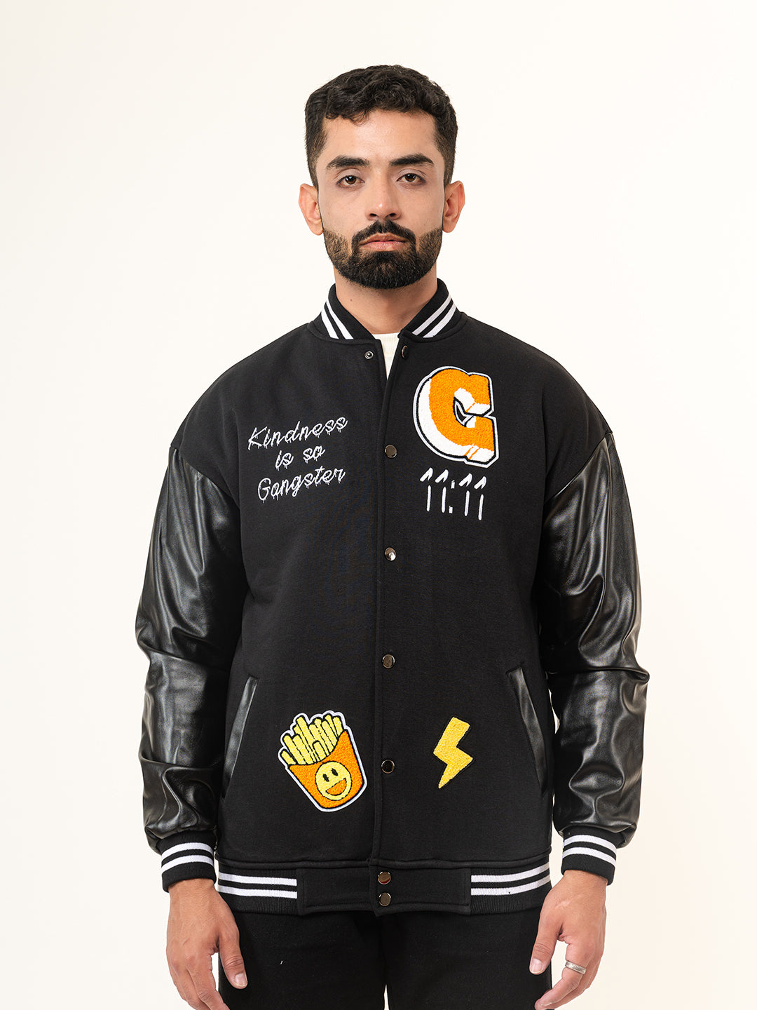 Black G With Leather Sleeves Varsity Jacket (Unisex)