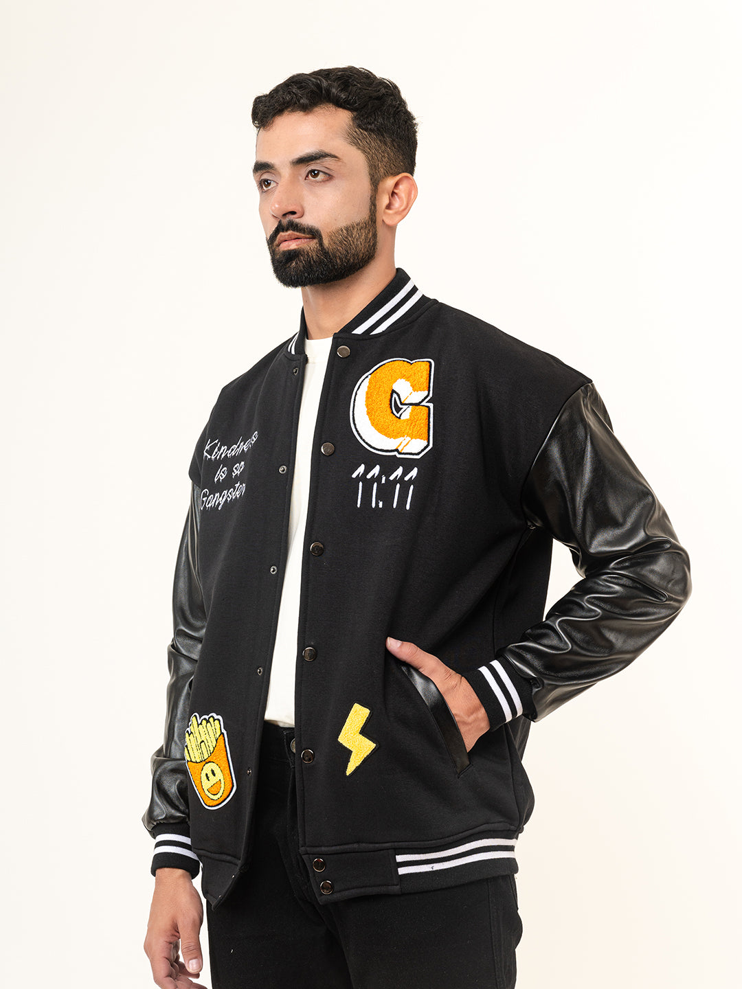 Black G With Leather Sleeves Varsity Jacket (Unisex)