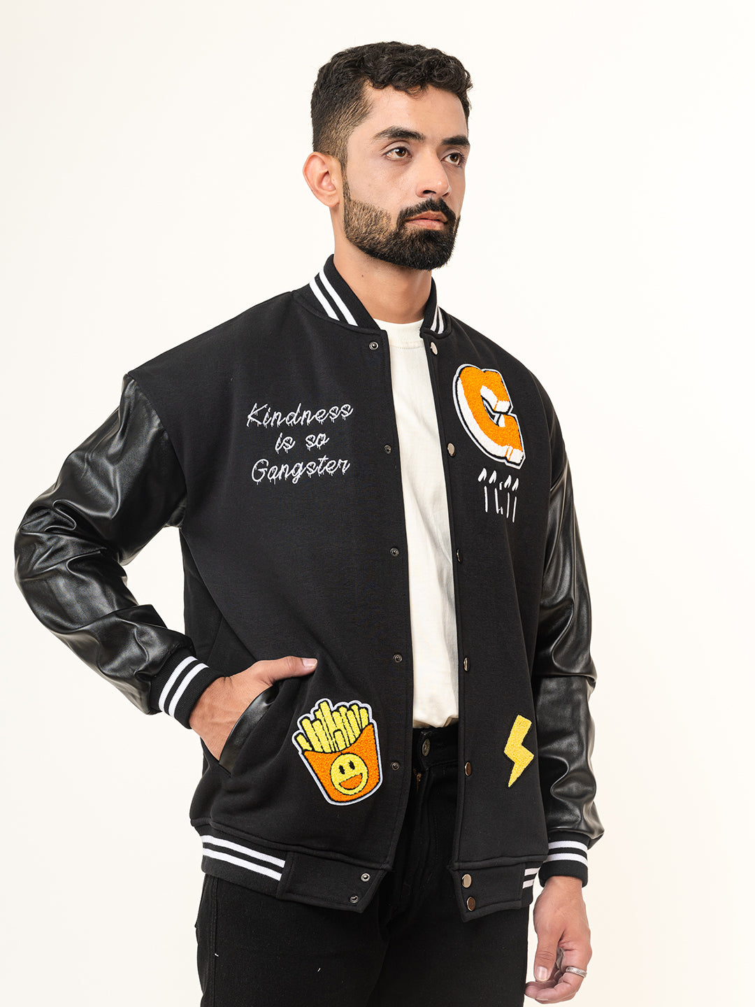 Black G With Leather Sleeves Varsity Jacket (Unisex)