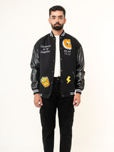 Black G With Leather Sleeves Varsity Jacket (Unisex)