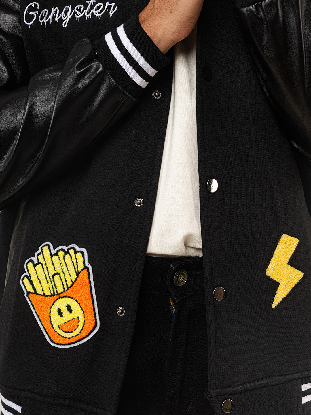 Black G With Leather Sleeves Varsity Jacket (Unisex)