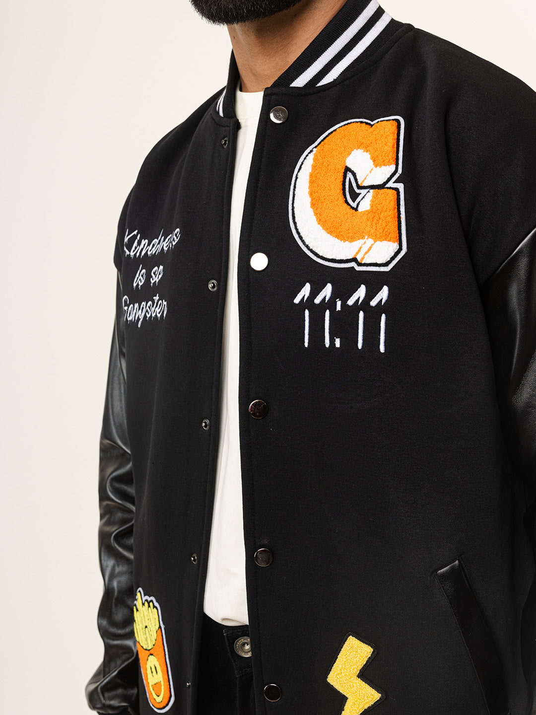 Black G With Leather Sleeves Varsity Jacket (Unisex)