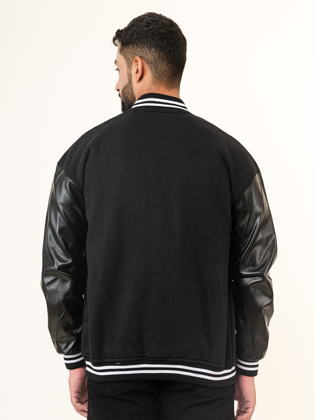 Black G With Leather Sleeves Varsity Jacket (Unisex)