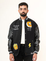 Black G With Leather Sleeves Varsity Jacket (Unisex)