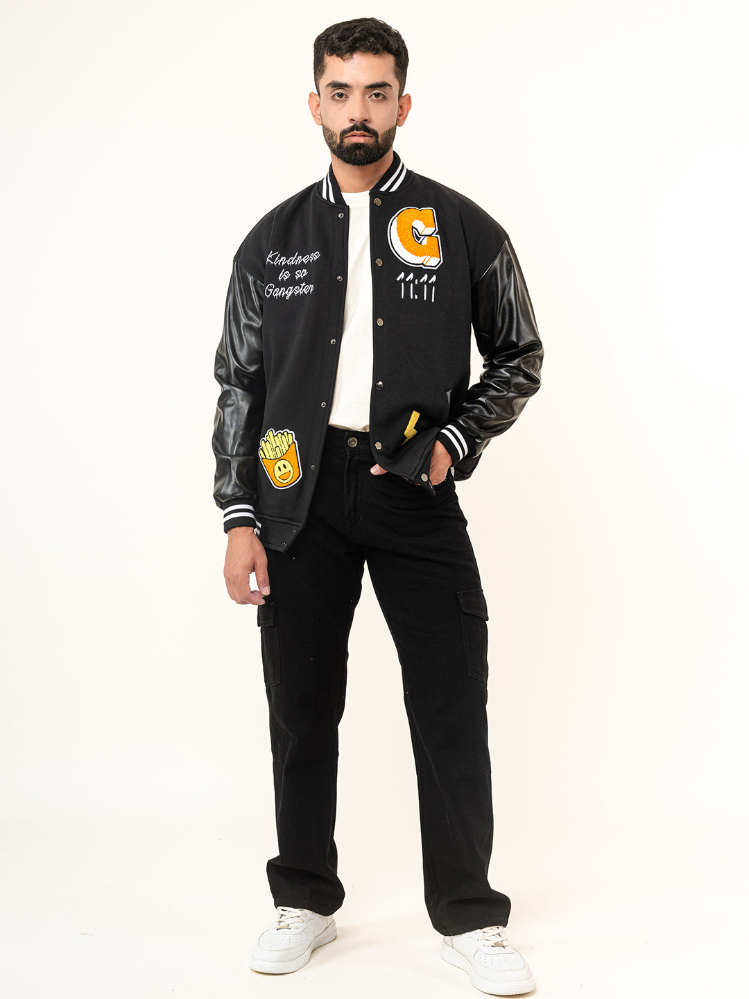 Black G With Leather Sleeves Varsity Jacket (Unisex)