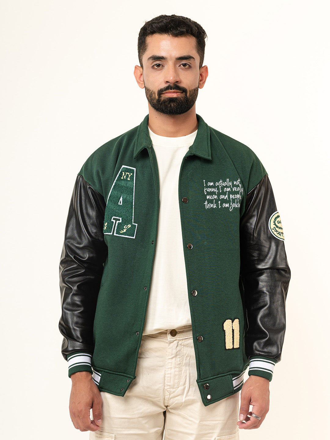 Green A With Leather Sleeves Varsity Jacket