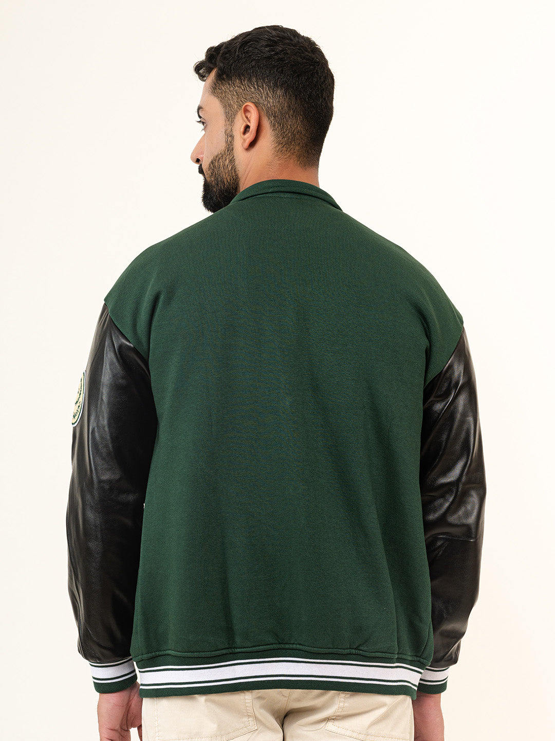 Green A With Leather Sleeves Varsity Jacket